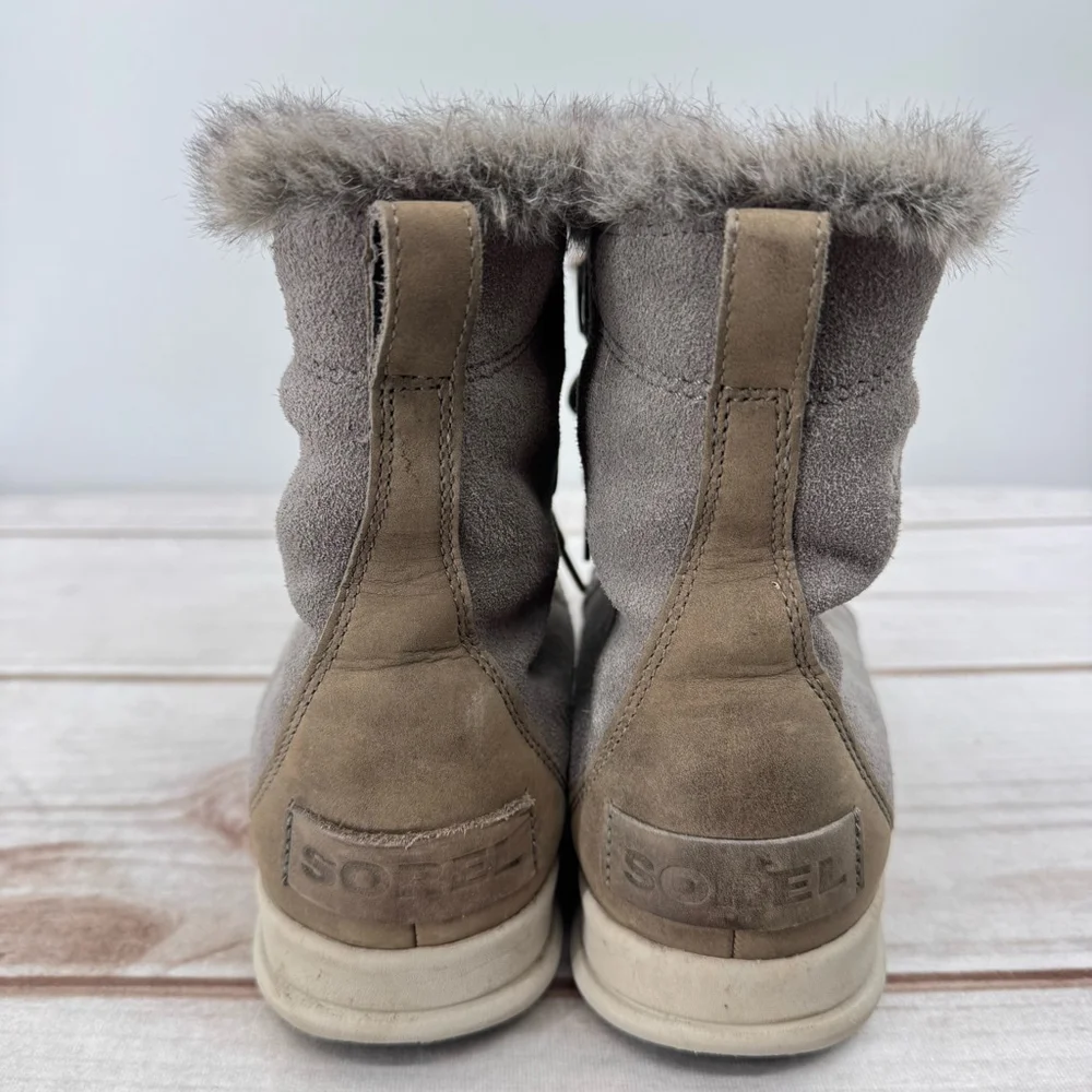 Sorel Explorer Joan Boots Gray Taupe Suede Faux Fur Lace Up Warm Winter Size 10